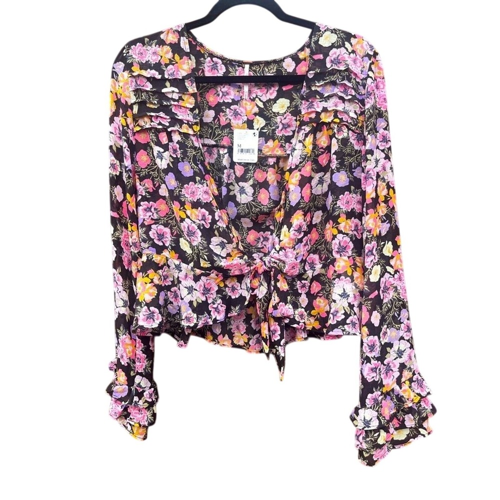 NEW Free People SZ Medium Maybel Blouse Printed Top Colorful Flowers/Black